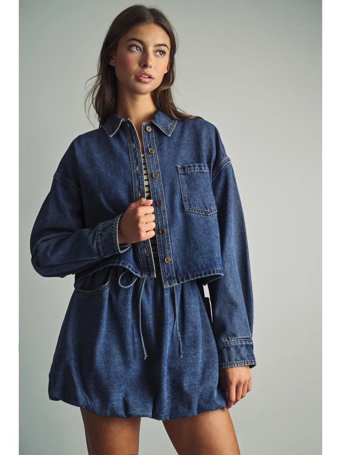 Indigo Denim Button Front Crop Jacket