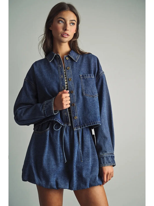 Indigo Denim Button Front Crop Jacket