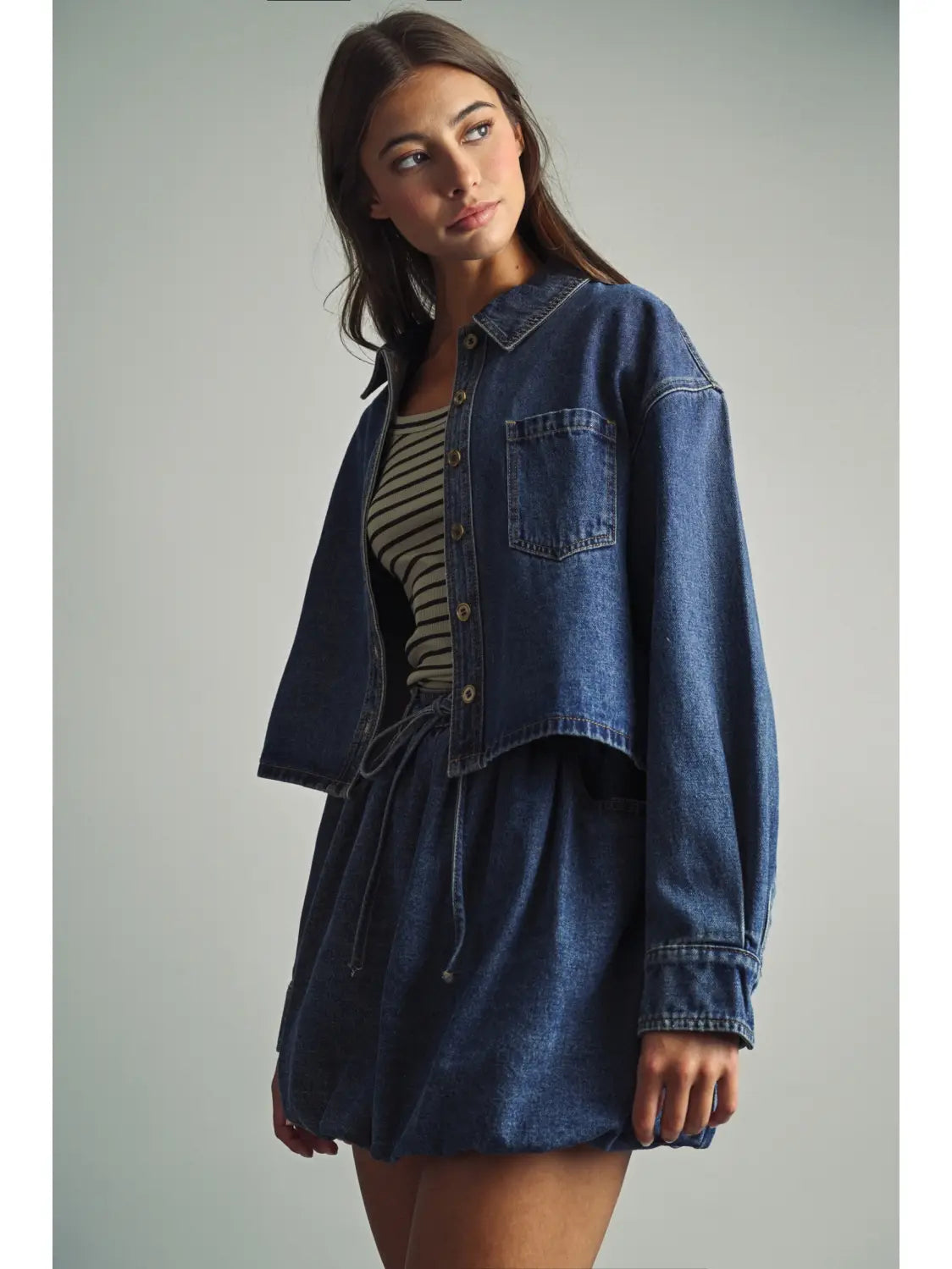 Indigo Denim Button Front Crop Jacket