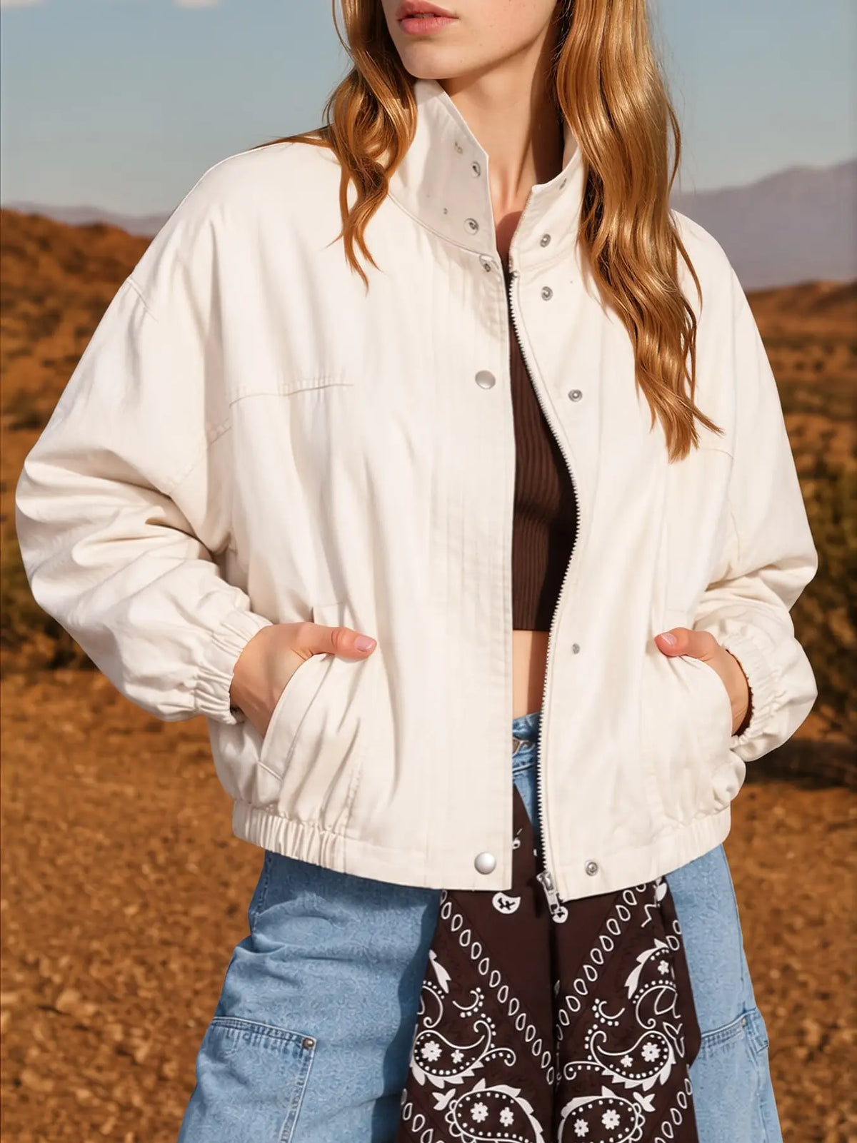 Contrast Collar Boxy Snap Button Bomber Jacket