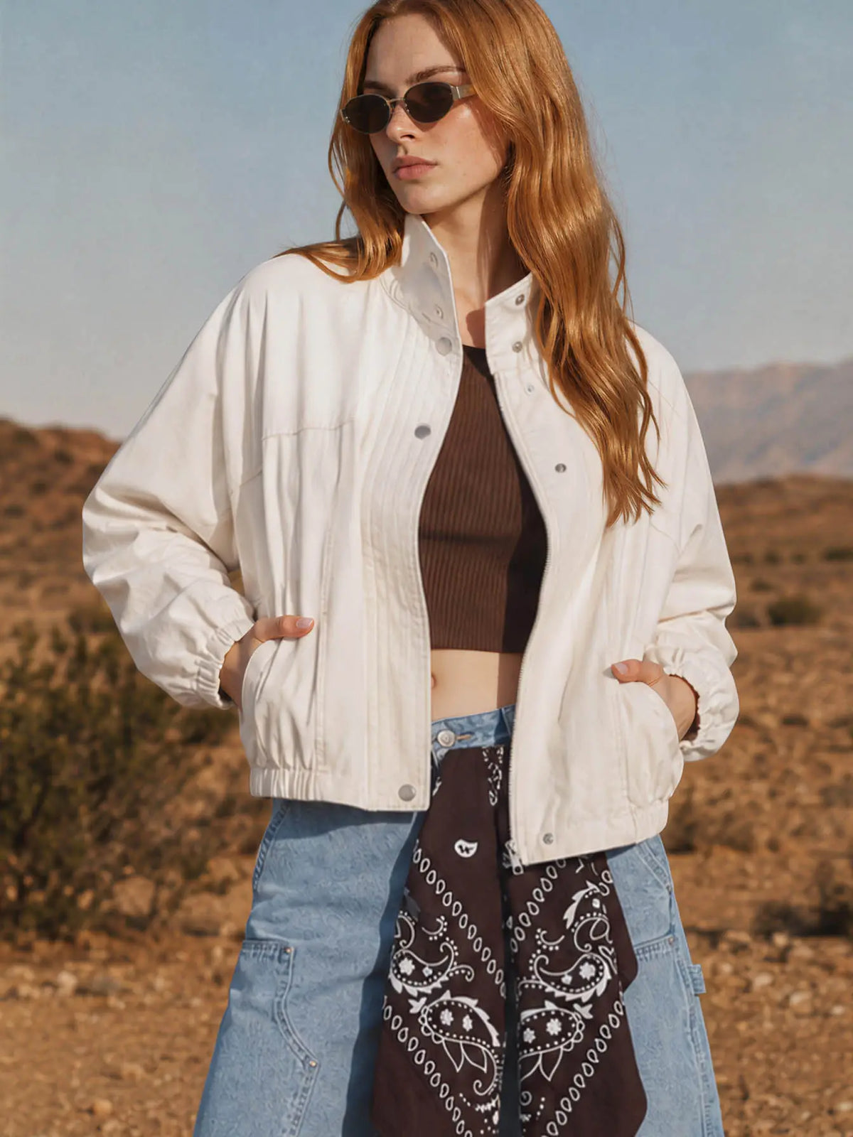 Contrast Collar Boxy Snap Button Bomber Jacket