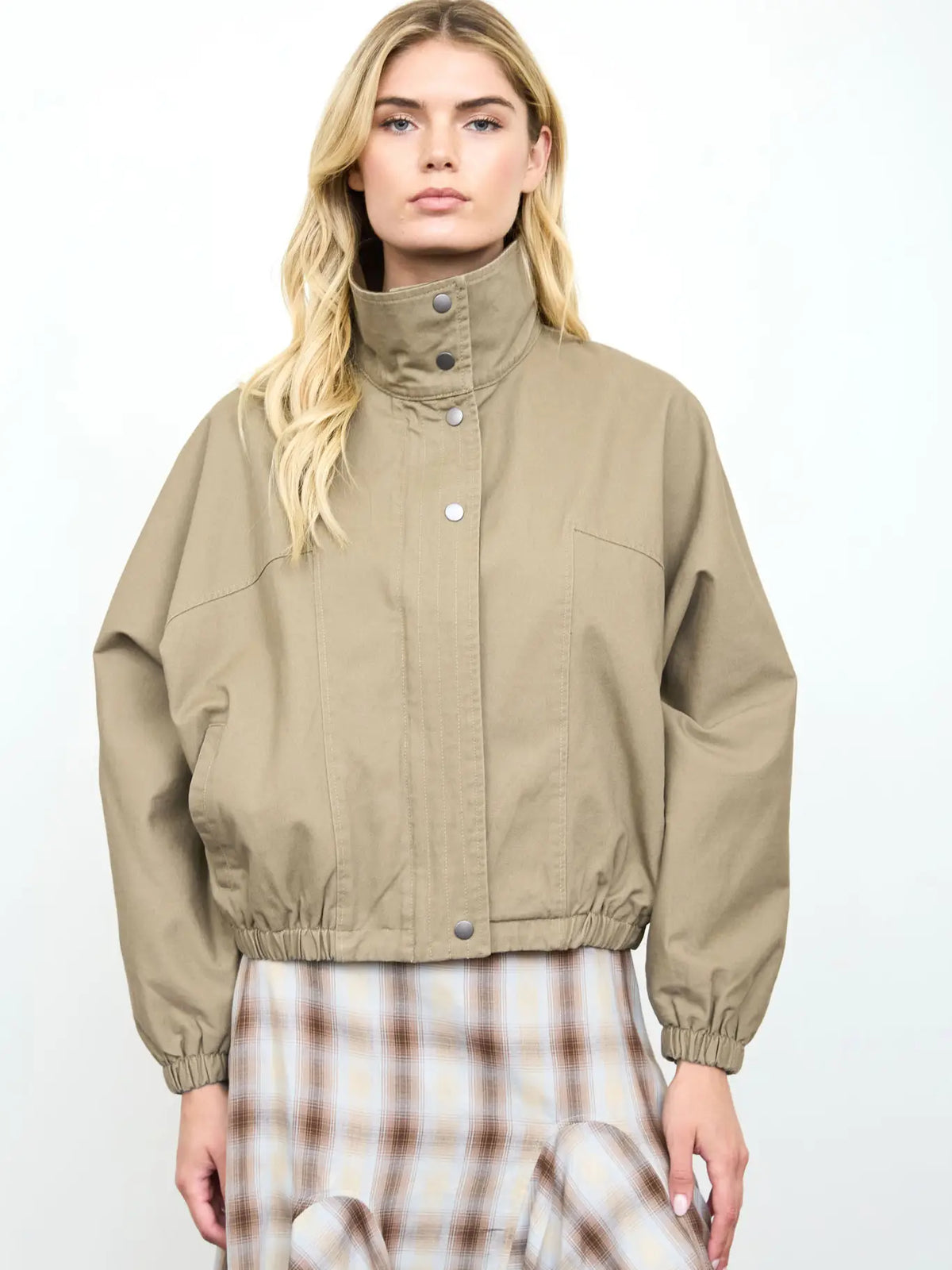 Contrast Collar Boxy Snap Button Bomber Jacket