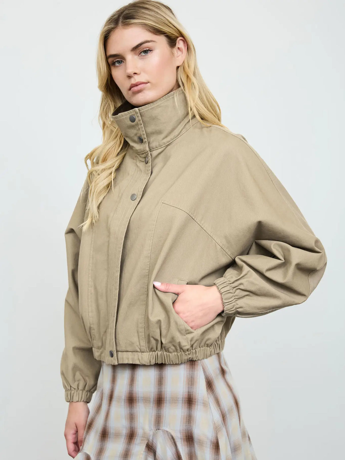 Contrast Collar Boxy Snap Button Bomber Jacket