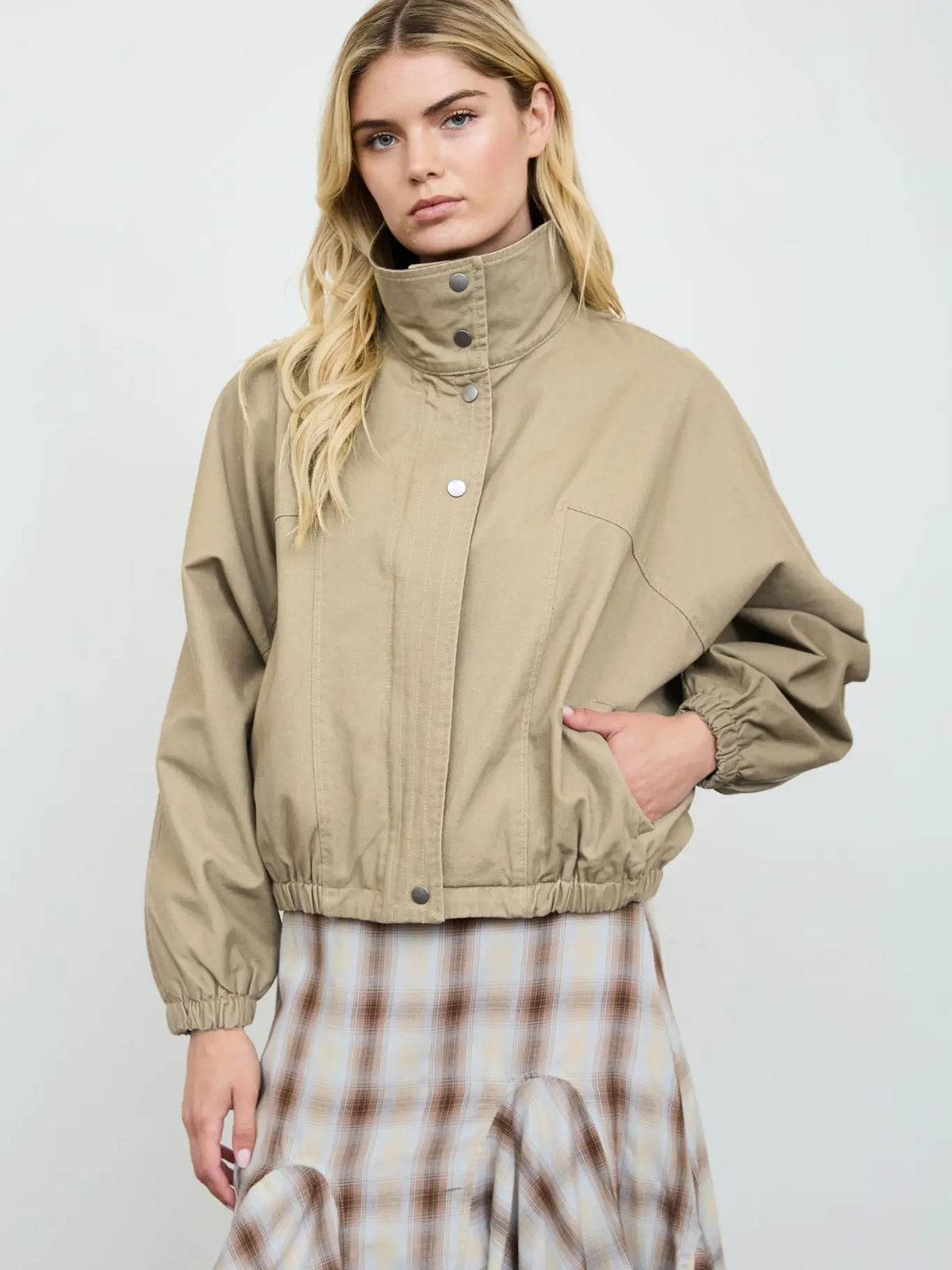 Contrast Collar Boxy Snap Button Bomber Jacket
