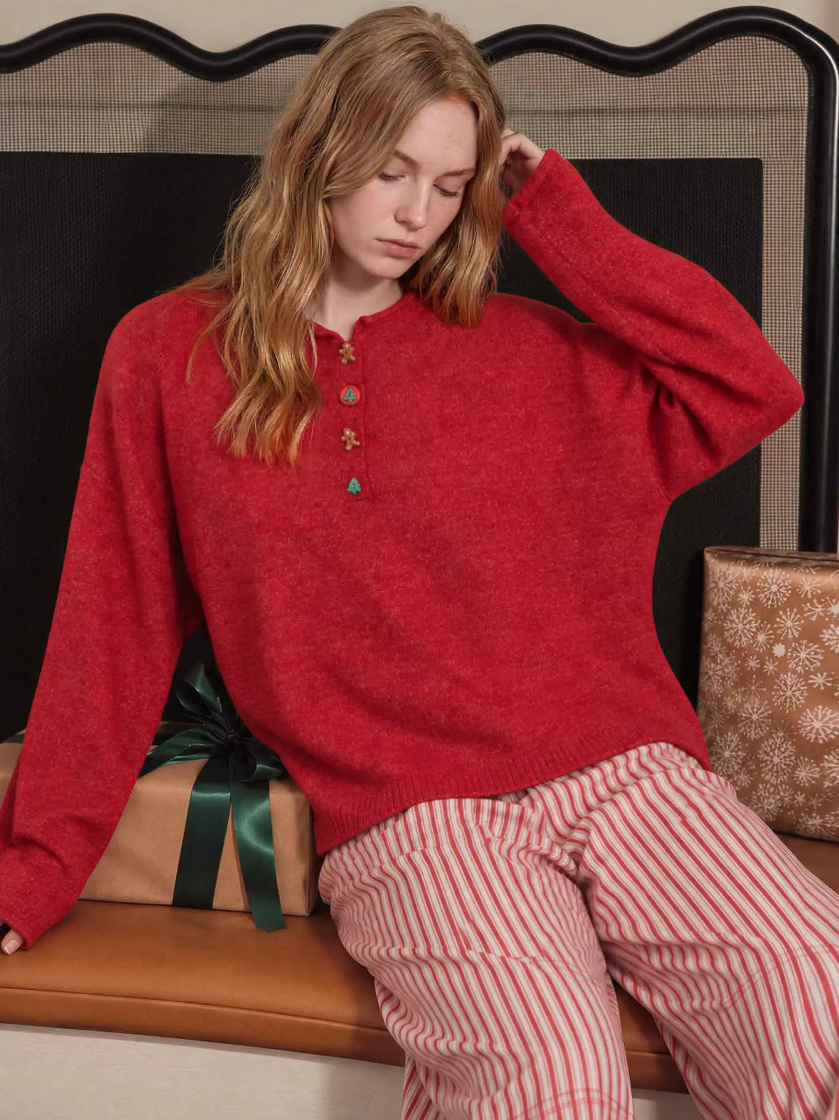 Novelty Holiday Button Henley Pullover Sweater