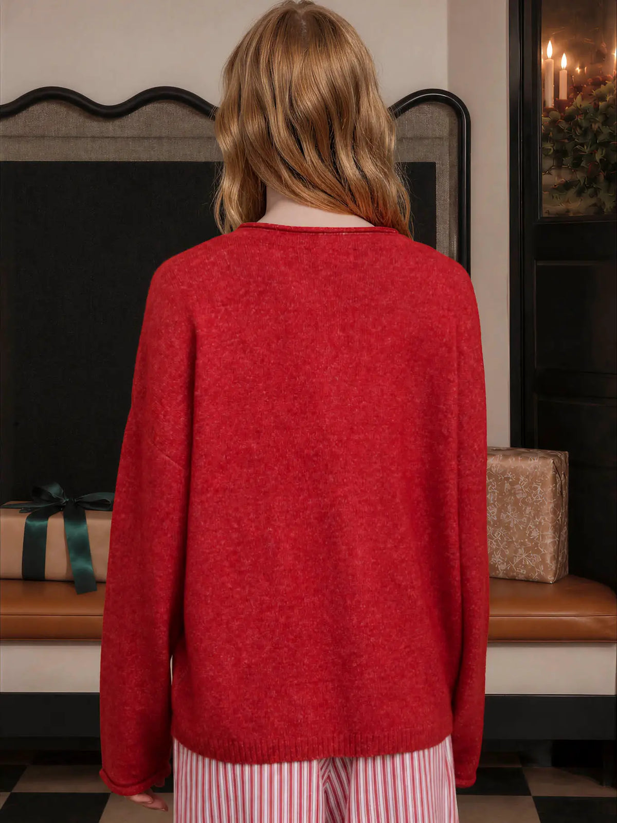 Novelty Holiday Button Henley Pullover Sweater