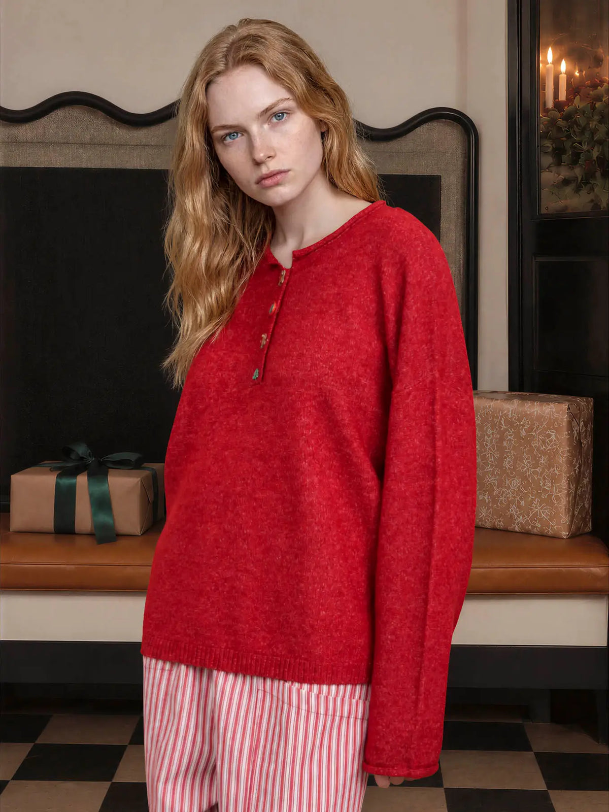 Novelty Holiday Button Henley Pullover Sweater