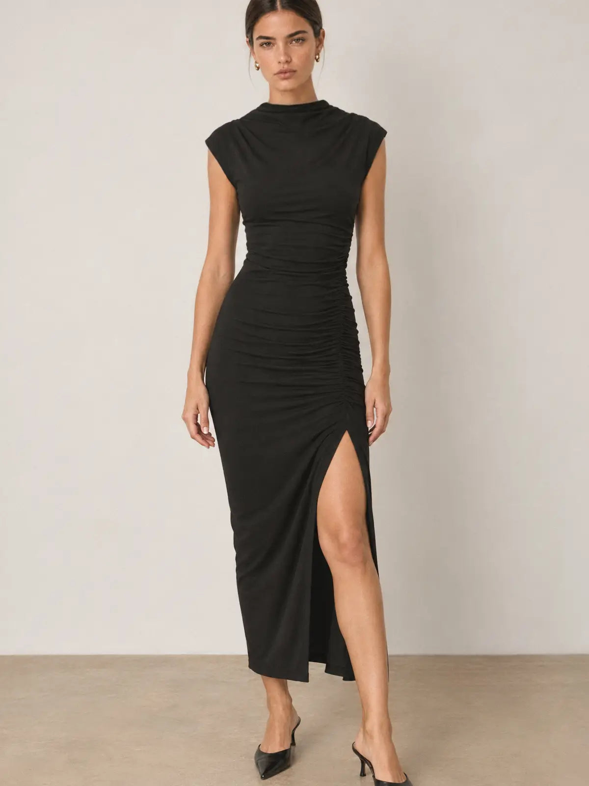 Mock Neck Midi Slit Dress