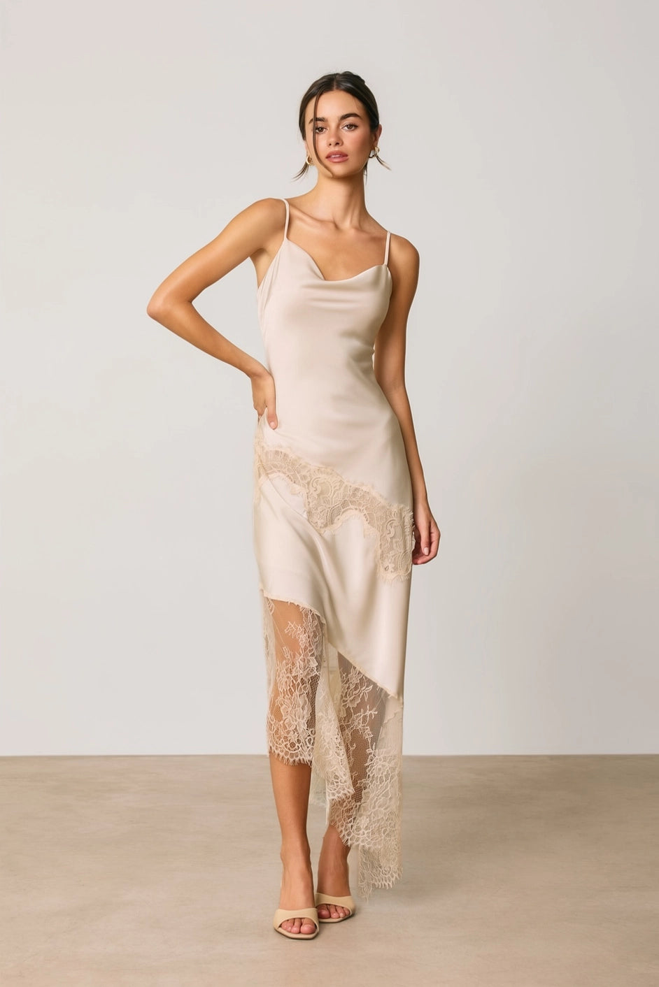 Asymmetrical Lace Trim Midi Slip Dress