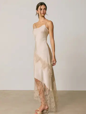 Asymmetrical Lace Trim Midi Slip Dress