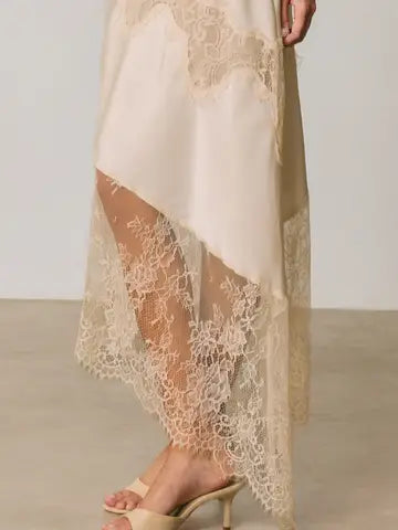 Asymmetrical Lace Trim Midi Slip Dress