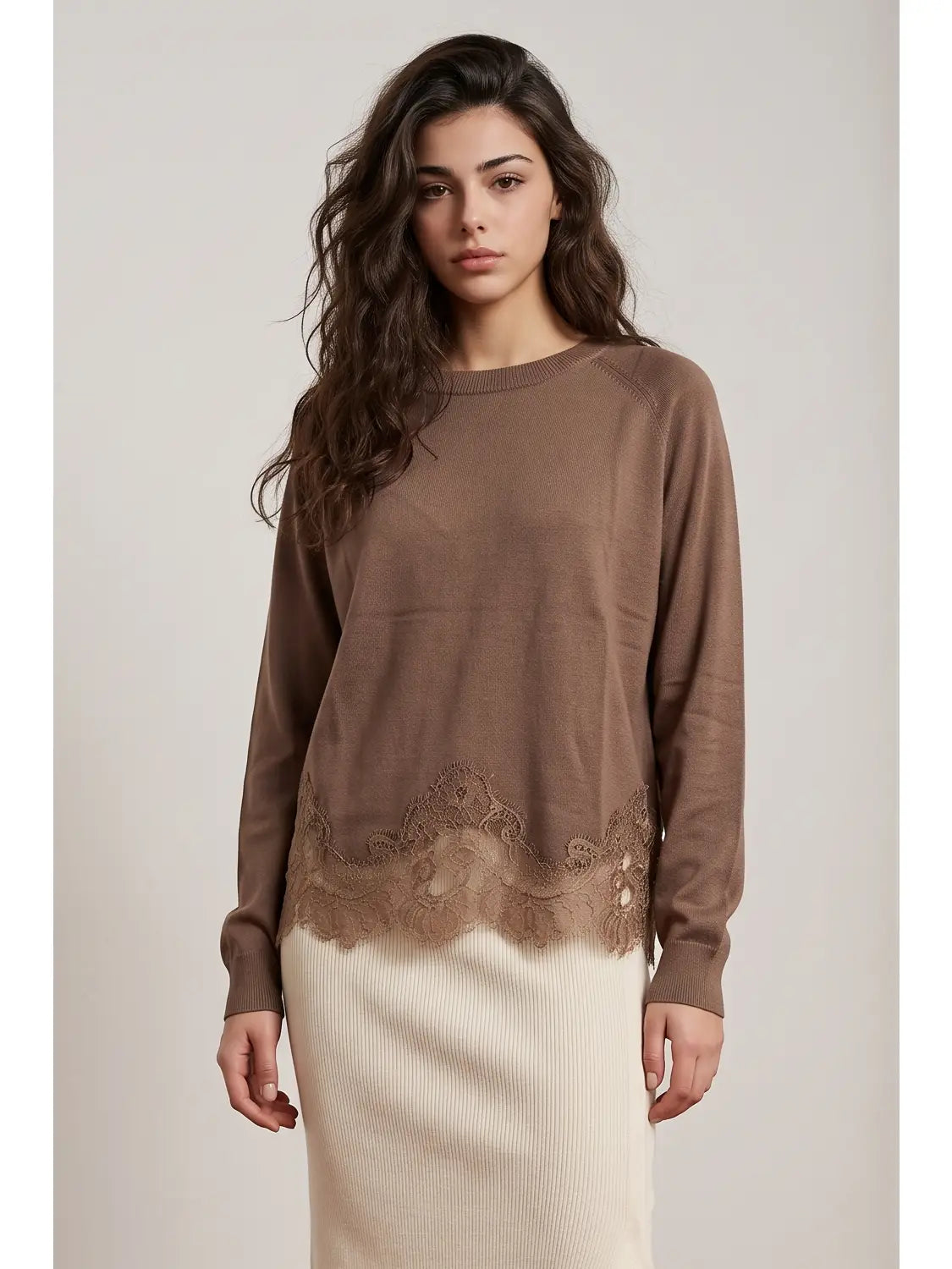 Long Sleeve Sweater Top with Lace Hem