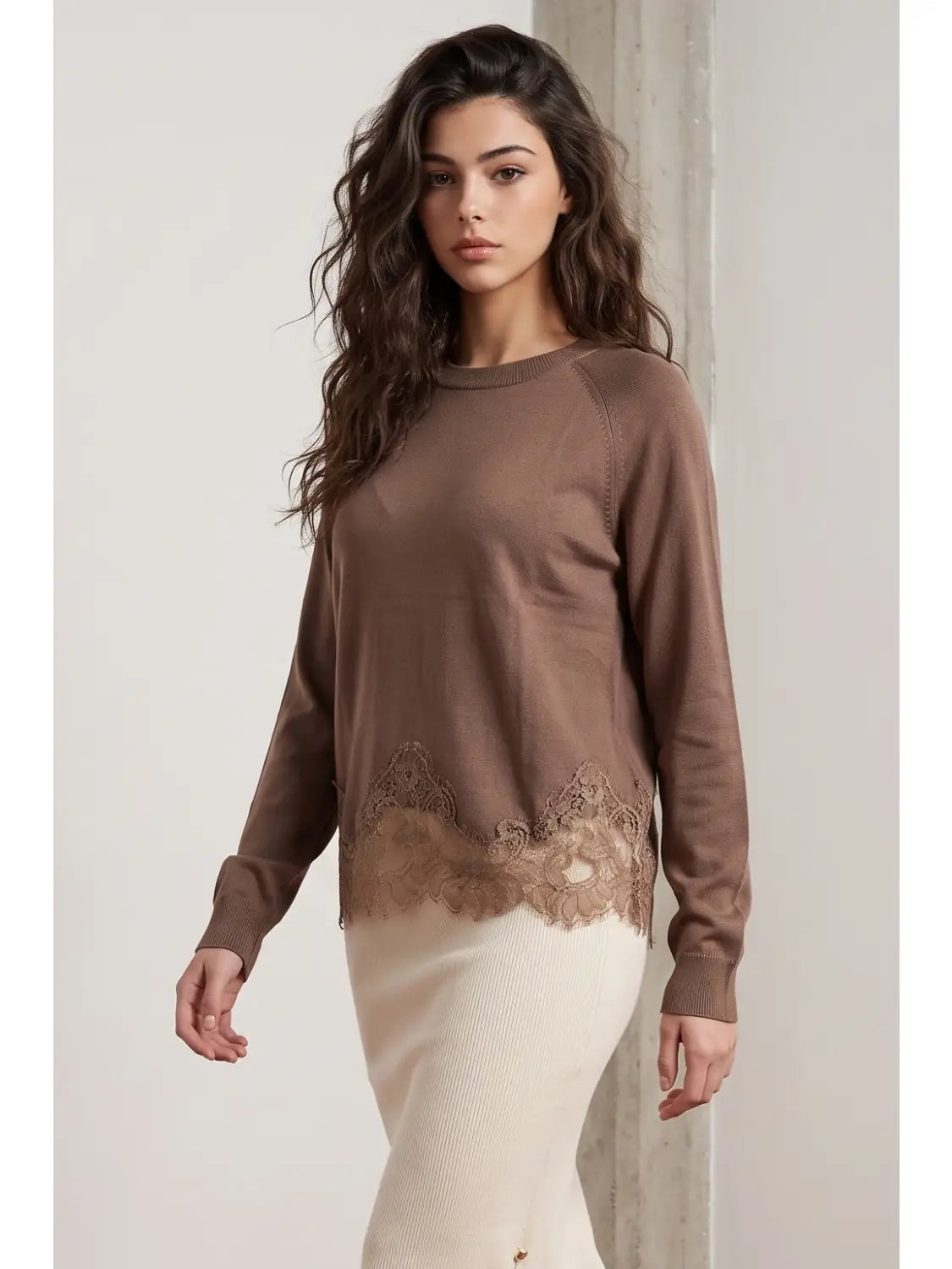 Long Sleeve Sweater Top with Lace Hem