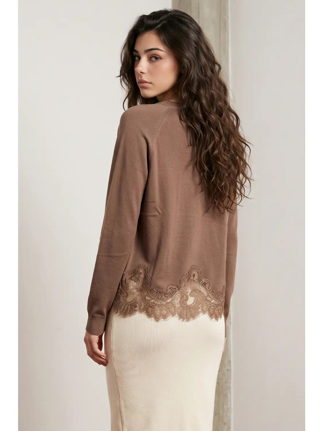 Long Sleeve Sweater Top with Lace Hem