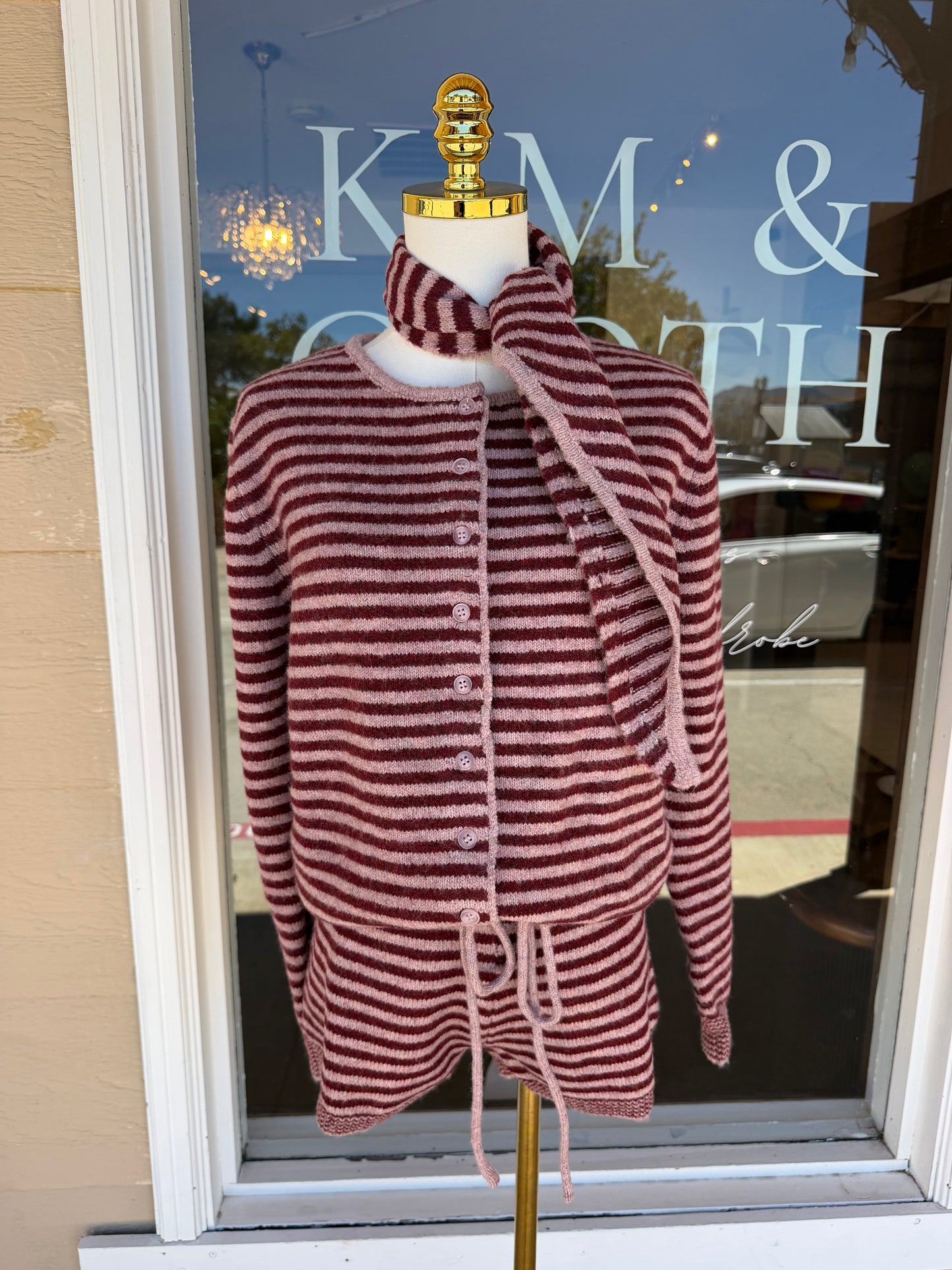 Striped Button Down Sweater With Scarf