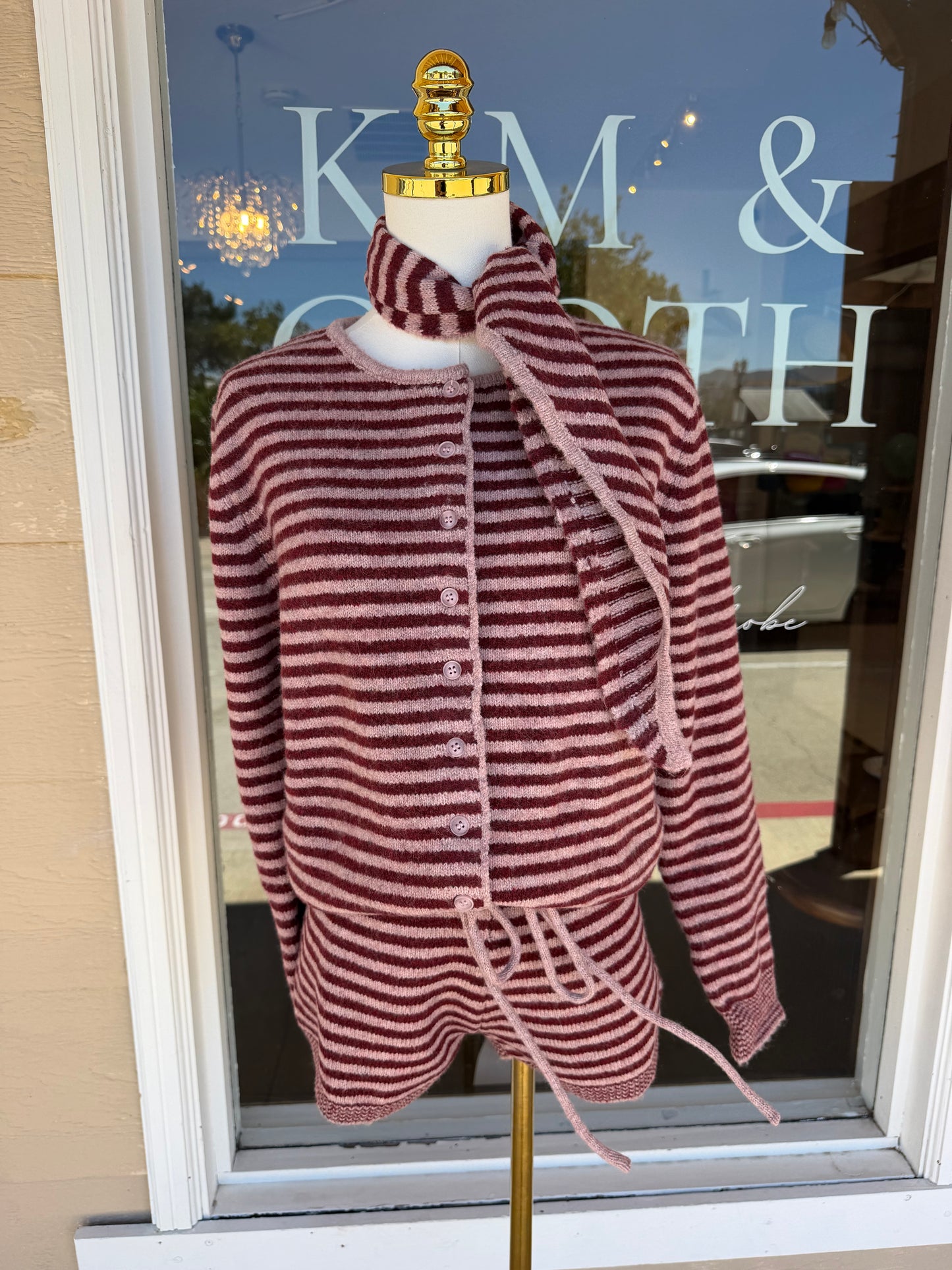 Striped Button Down Sweater With Scarf