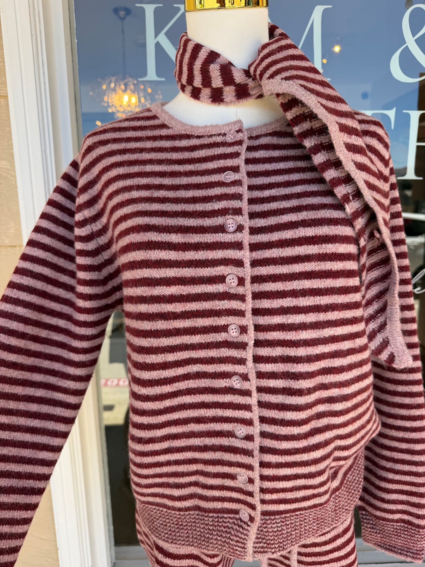 Striped Button Down Sweater With Scarf