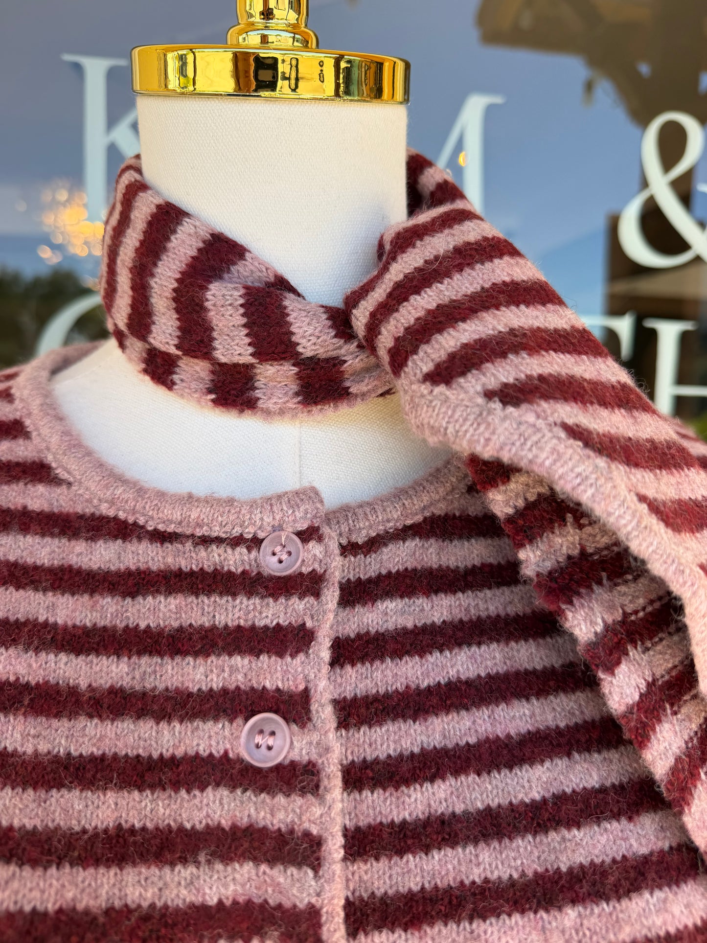 Striped Button Down Sweater With Scarf
