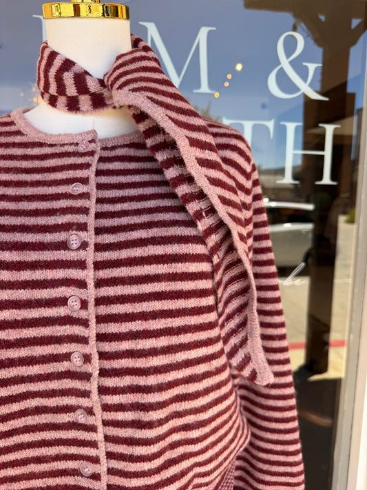 Striped Button Down Sweater With Scarf