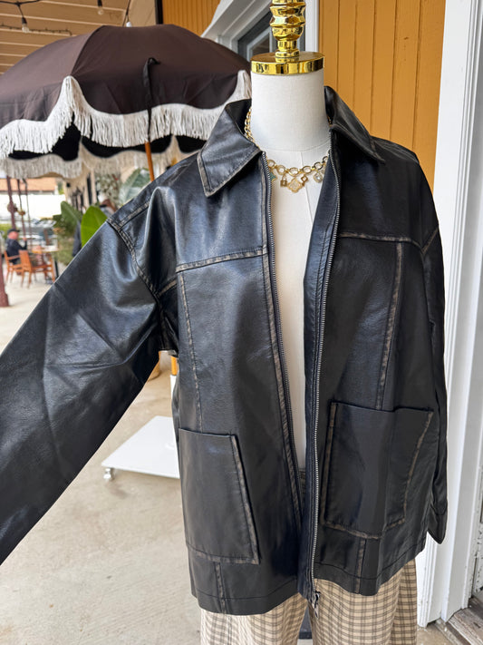 Faux Leather Collared Jacket