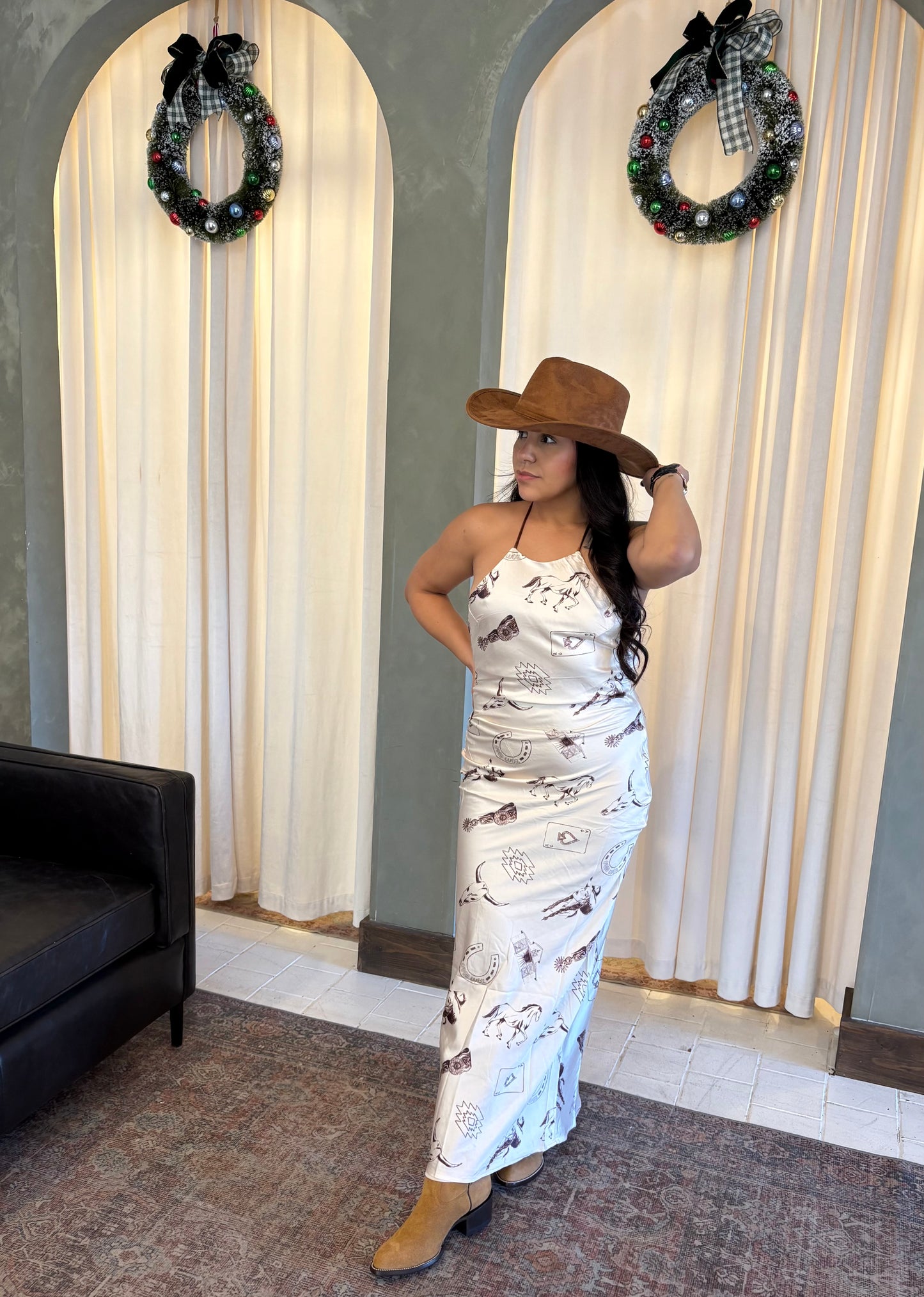 Western Halter Top Long Satin Dress