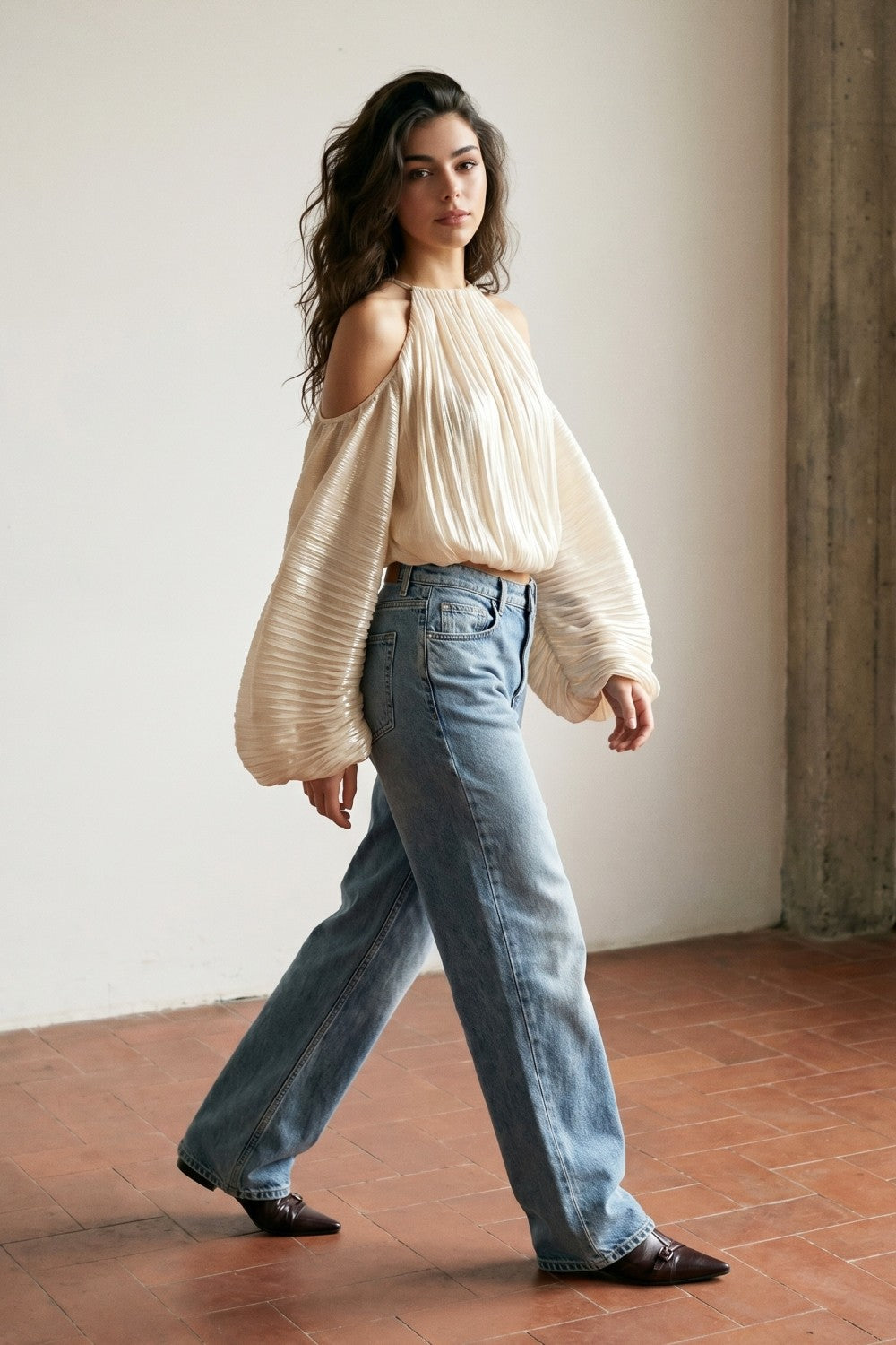 Cold-Shoulder Pleated Halter Blouse