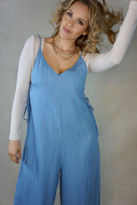 Vitamin C-ycnhed Waist Light Wash Denim Jumpsuit