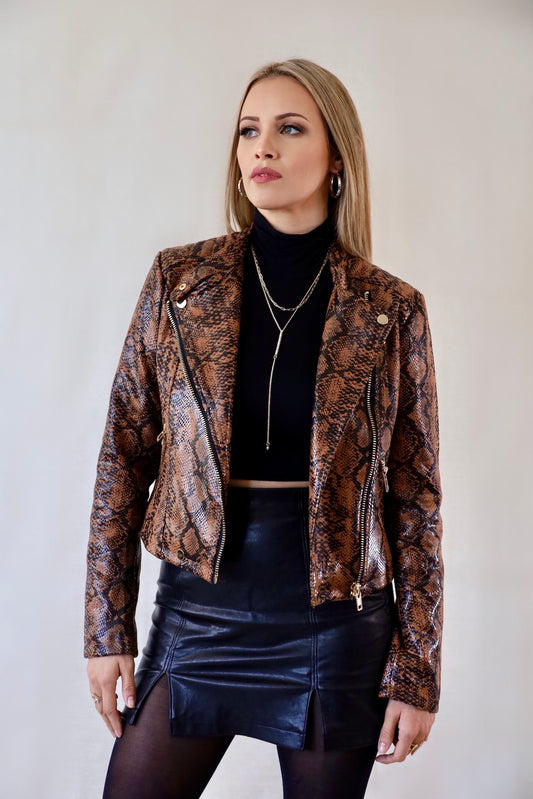 Ebony & Spice Faux Snakeskin Moto Jacket