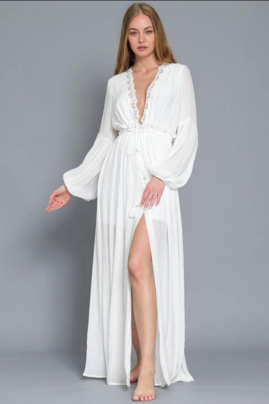 Off White Long Sleeve Lace Trim Maxi Dress