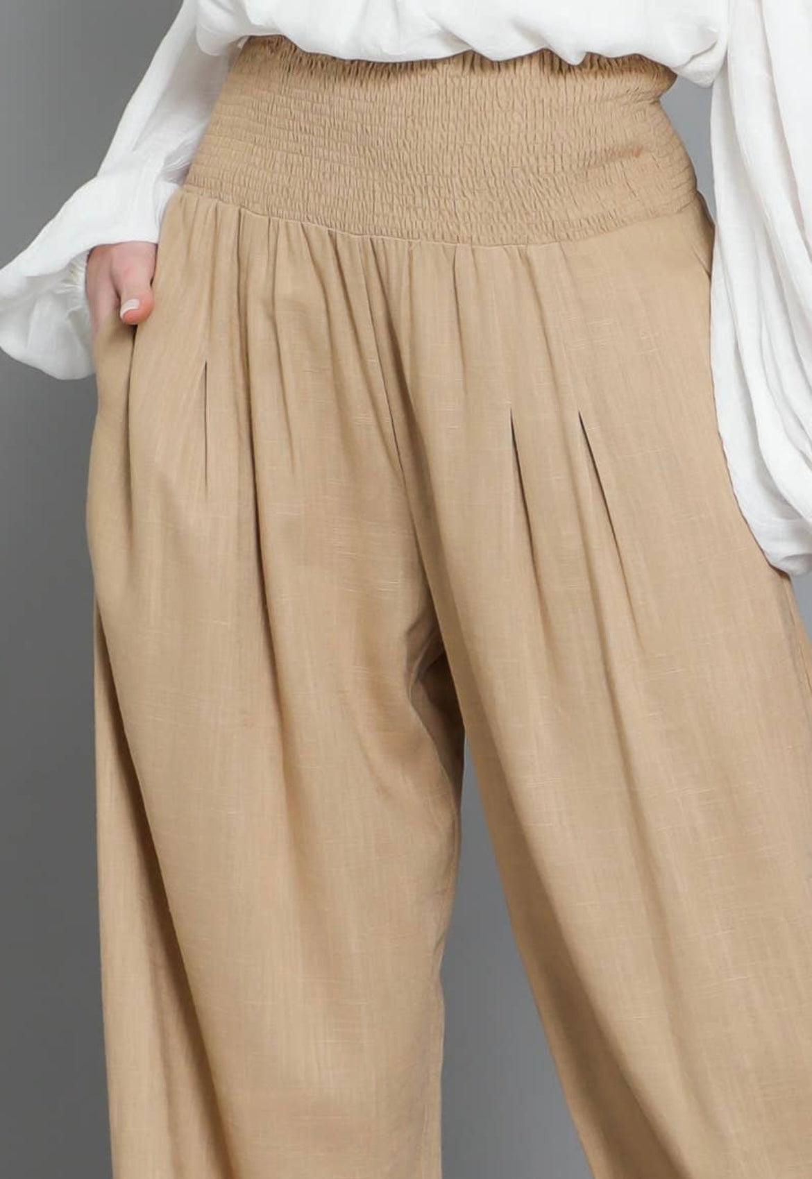 Camel Smocked Trousers