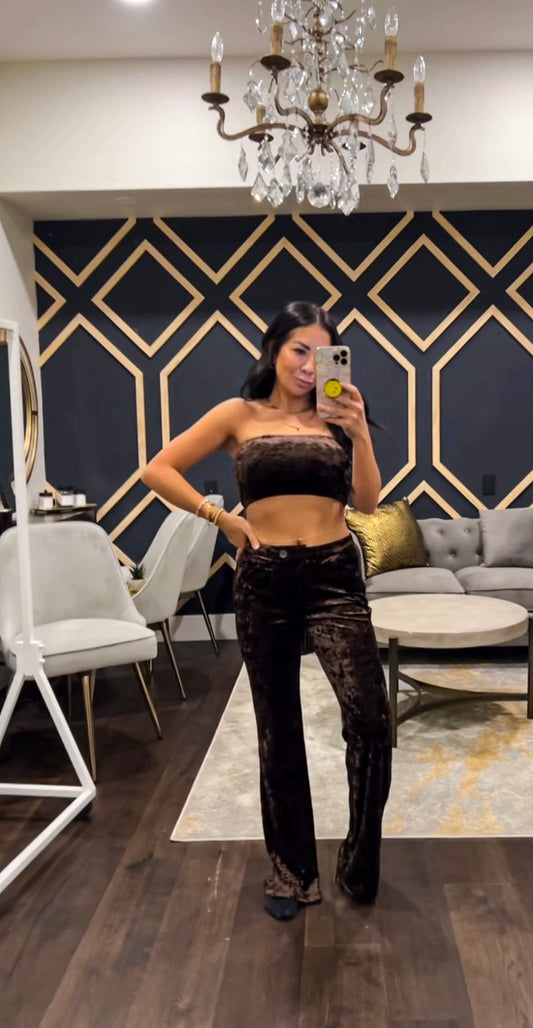 Cocoa Bean Velvet Bootcut Pants and Bandeau Set