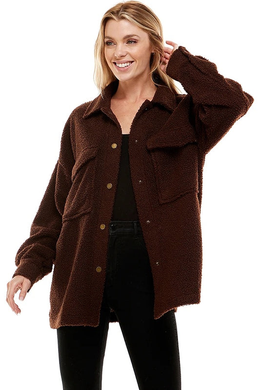 COCOA TEDDY BUTTON DOWN SHACKET